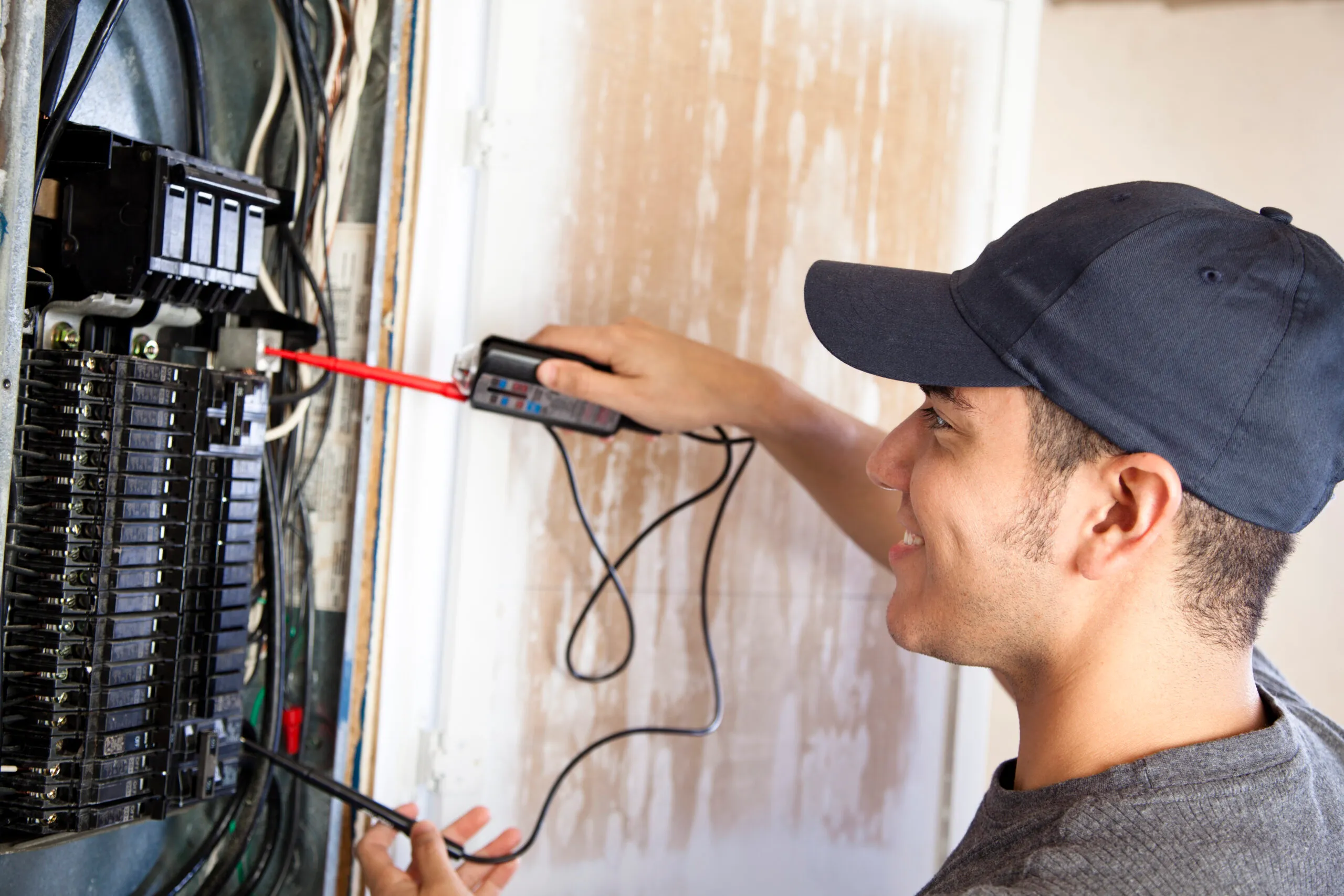 Bluffs Electric technician inspecting an electrical panel during a home assessment